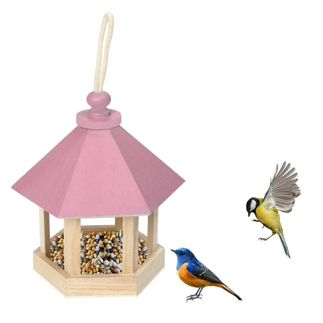 

High Quality Blue / Pink Wooden Bird Feeders Hanging Type Outdoor Pet Bird Seeds Food Feeder Garden Supplies