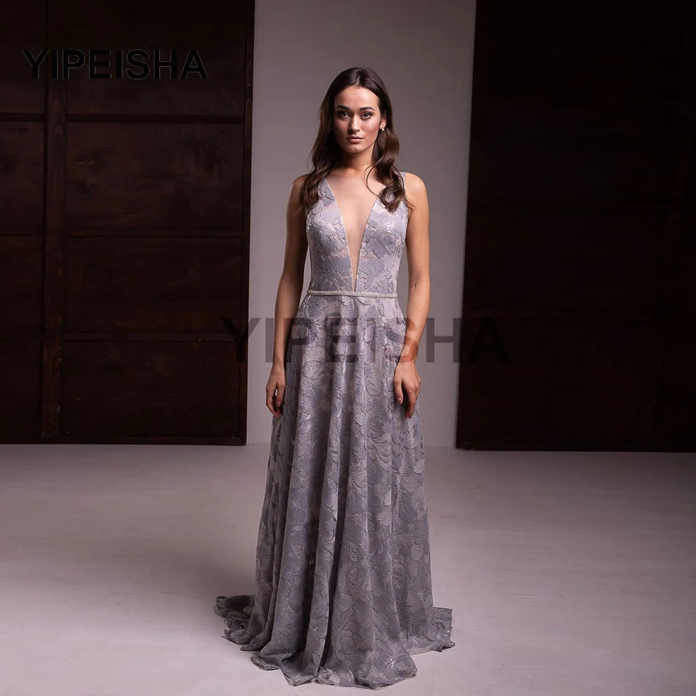 

Sexy Deep V-Neck Exquisite Evening Dresses Backless Applique Floor Length A-Line High Quality Prom Party Gown