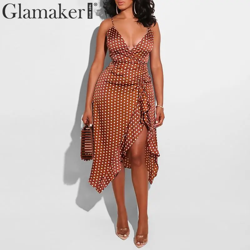 Женское атласное платье в горошек с разрезом и v образным вырезом|Женские платья|