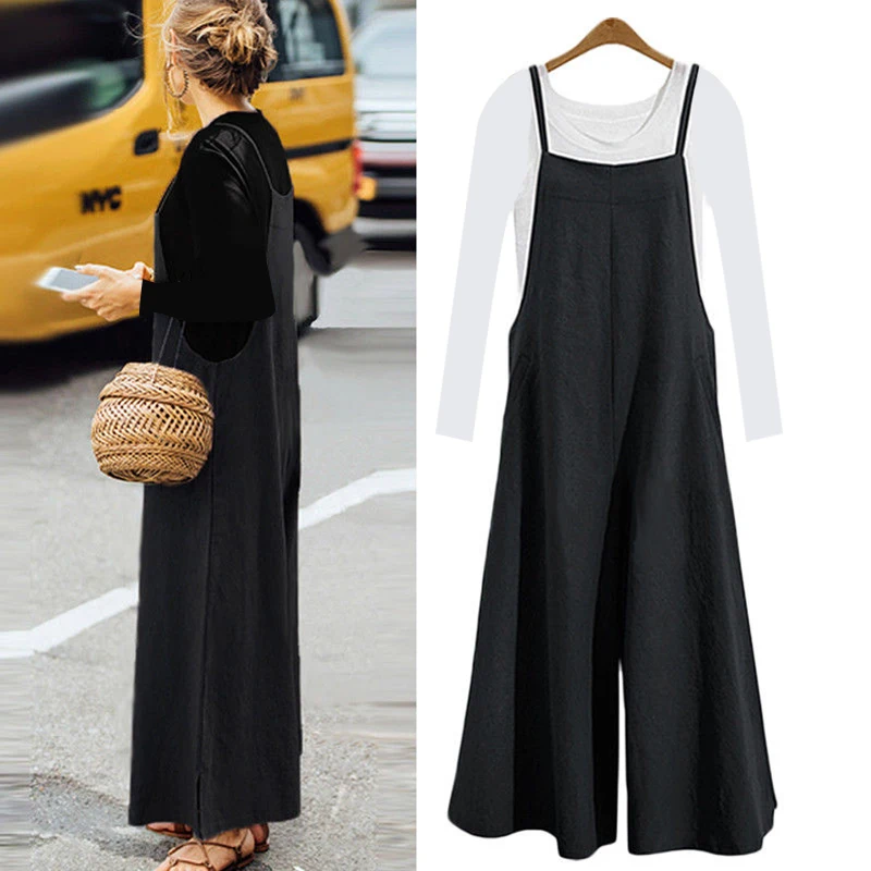 Женский хлопковый комбинезон размера плюс с широкими штанинами и карманами на