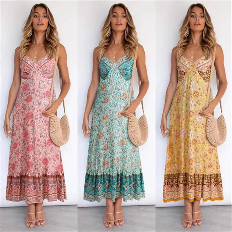 

Women Casual Sexy Suspender Dress Summer Holiday Casual Dresses Floral Printed Pattern Sleeveless V-neck One-piece Dress Vestido