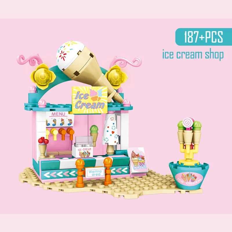 

4in1 DIY Friends City Street View Ice Cream Shop Building Blocks Coffee BBQ Store Model Bricks Educational Gifts Toys for Girls