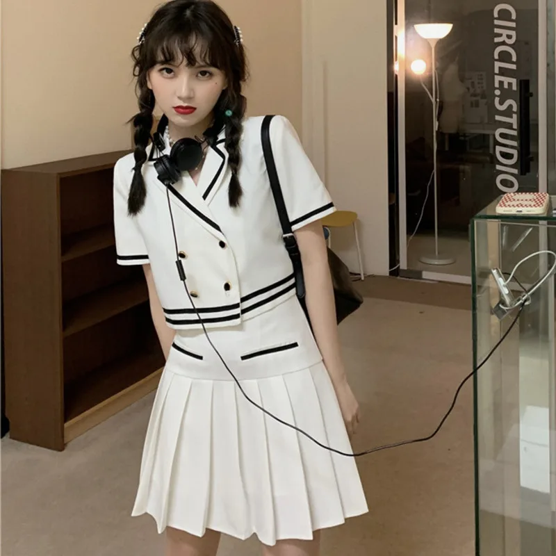 

Preppy Style 2021 Summer Women Fashion Short Blazer+Pleasted Skirt 2 Piece Set Casual Girl's Stylish Chic Cosplay Dress Suit