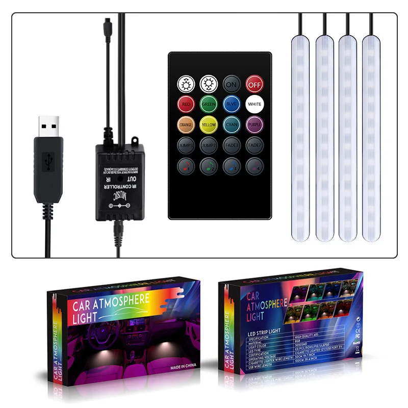 USB Автомобильный RGB светодиодный музыкальный голосовой Звук управление Автомобильный интерьер декоративная атмосфера Авто RGB дорожка напольный светильник с пультом дистанционного управления 12 В - Испускаемый цвет: USB
