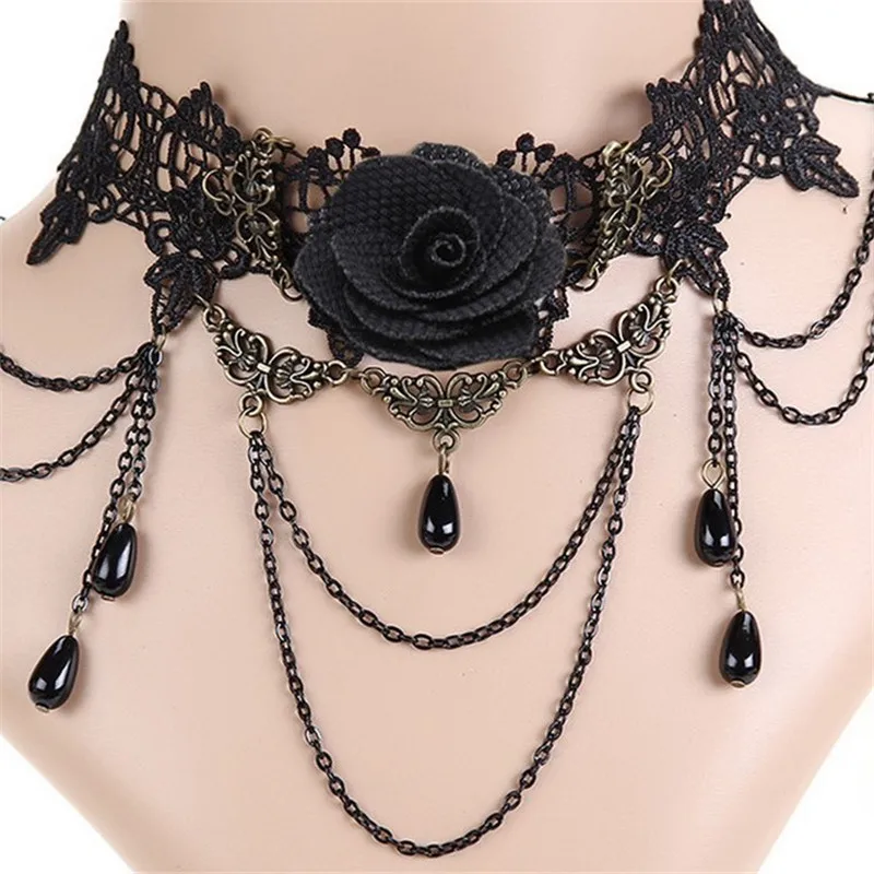 Модное Очаровательное черное кружевное ожерелье чокер с розовым воротником