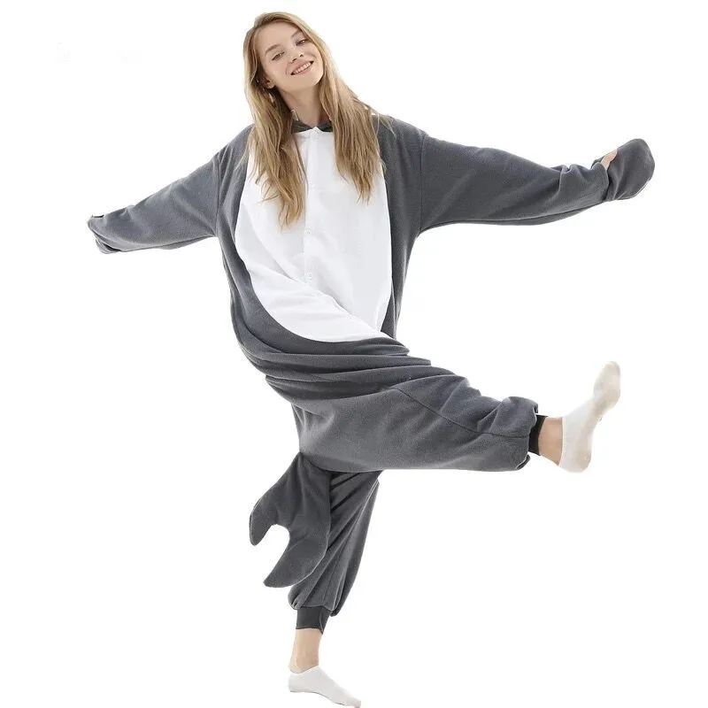 Пижама HKSNG для взрослых с акулой и кигуруми Серый Свободный комбинезон длинным