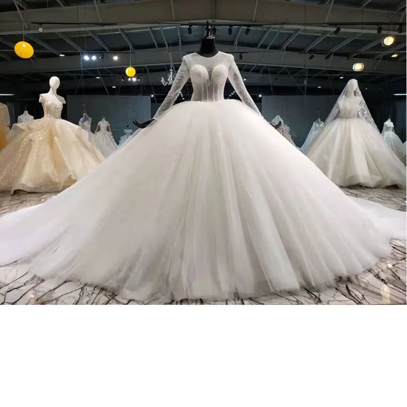 

BGW 2020 Newest Super Ball Gown Wedding Dress Plus Size Illusion Bed Needed Long Sleep Wedding Gown Button Back Dress