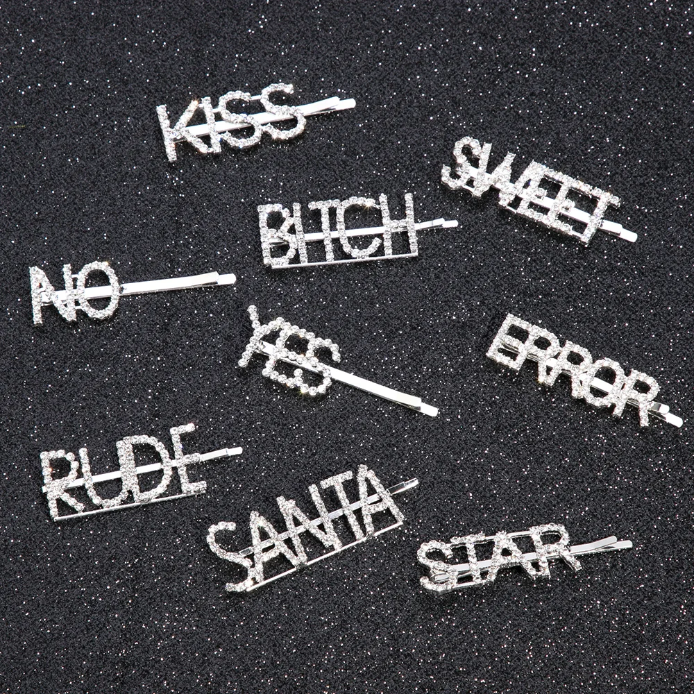 

Bling Shiny Rhinestones Letter Barrettes For Women Silver Hairpins Crystal Words Hair Clips Styling Tool Custom Hair Accessories
