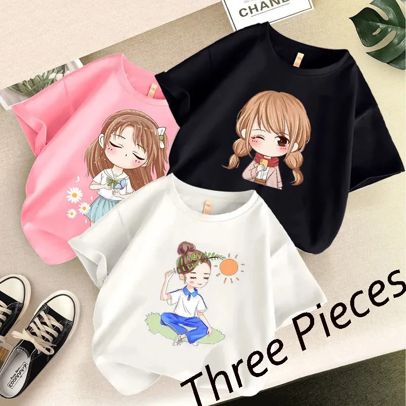 

3 предмета, футболка для маленьких девочек, модный топ с короткими рукавами с героями мультфильмов футболки для девочек детская одежда хлоп...