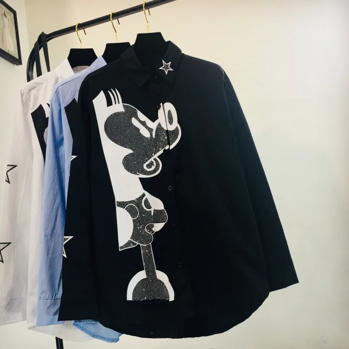 Весенне осенние блузки с вышивкой в виде мышки из мультфильма расшитые блестками