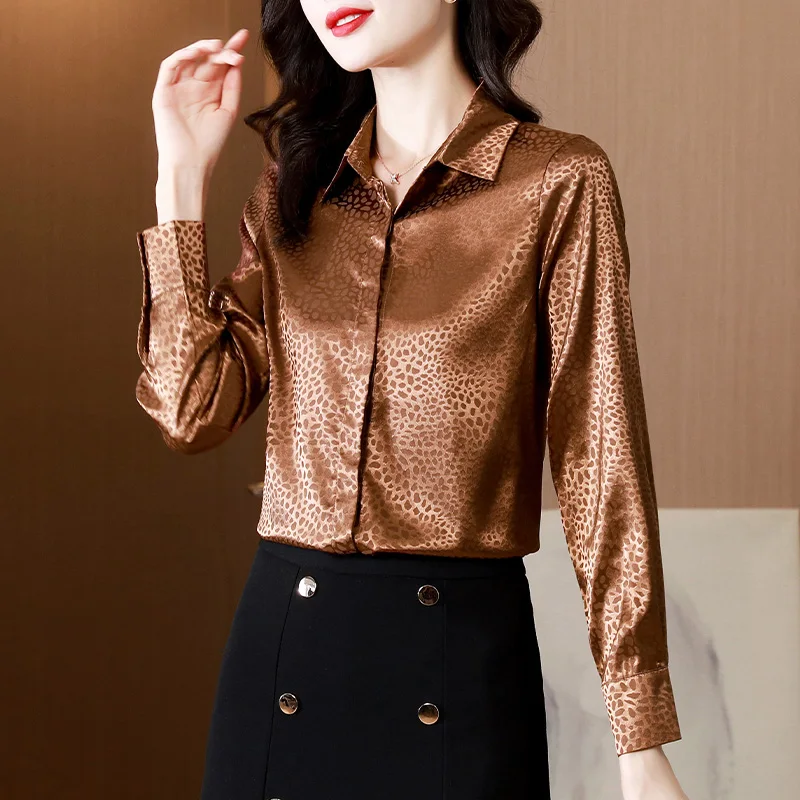 

Women's Shirt Silk Blouses for Women Vintage Button Up Printed Tops Women Polo Neck Long Sleeve Clothing Female 2021 Basic Shirt