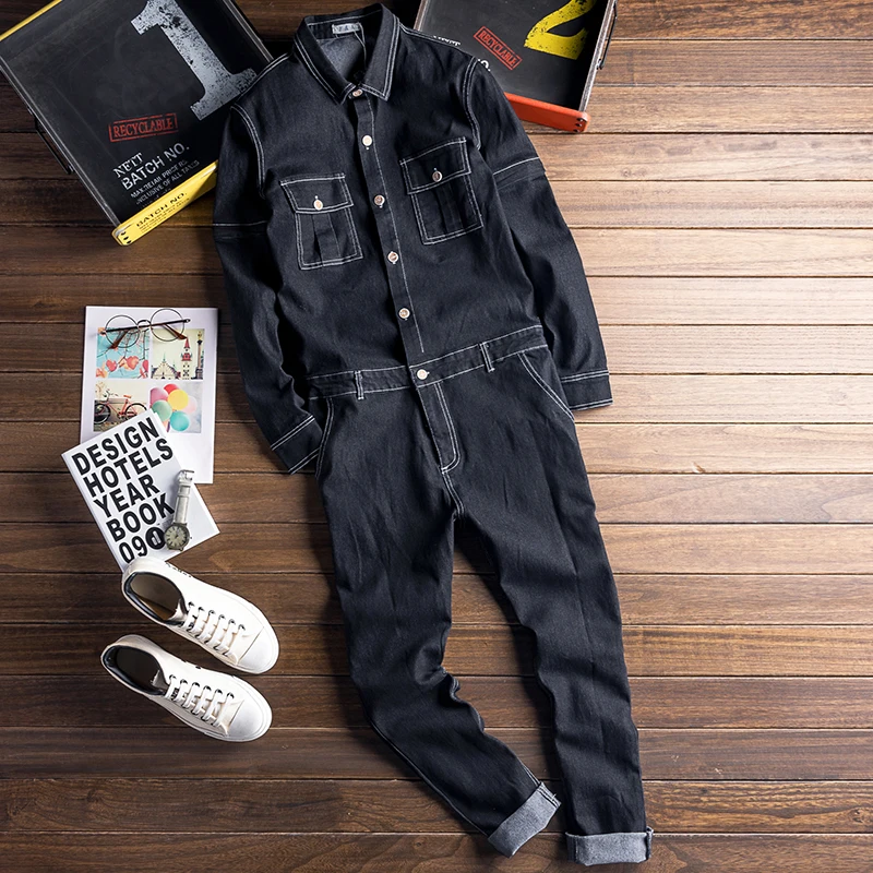 2021 Overalls Men's Denim Jumpsuits Embroidery Detachable Long Sleeve Hip Hop Embroidered Pockets Jeans Pants Black Trousers
