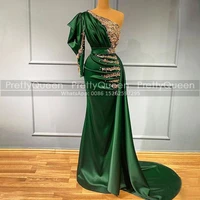 chic gold appliques mermaid prom dresses with beads one shoulder long sleeves streamer green long formal evening dress party