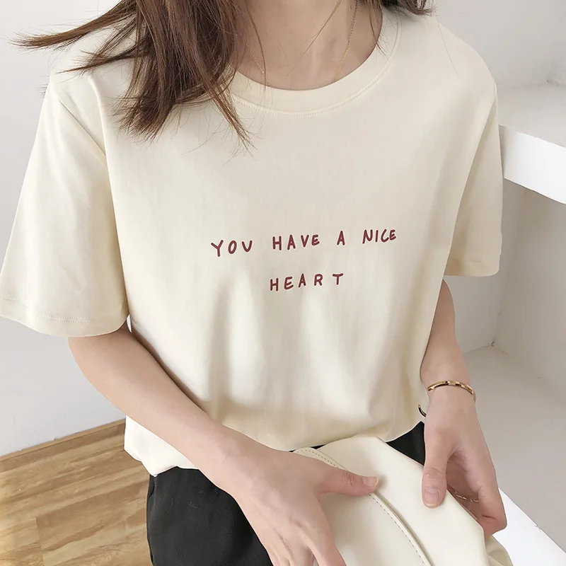 Женская хлопковая Футболка с буквенным принтом футболка круглым вырезом и