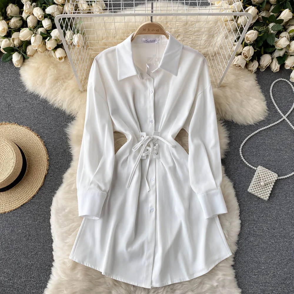 

VANOVICH осеннее Модное Элегантное белое платье-рубашка в Корейском стиле с поясом и лацканами ТРАПЕЦИЕВИДНОЕ ПЛАТЬЕ МИДИ