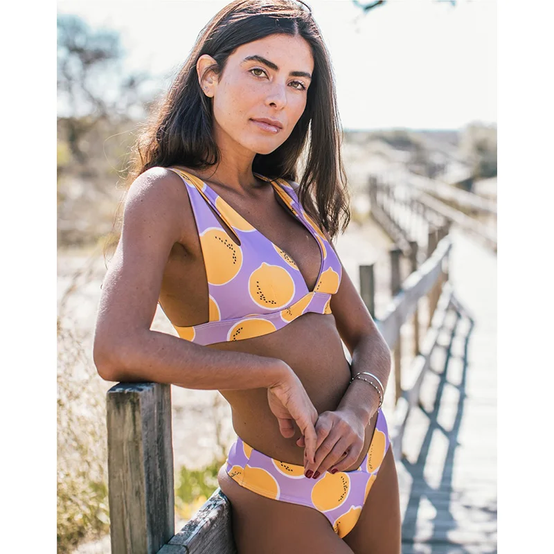 

2020 Sexy Brazilian Bikini Swimwear Women Halter Push Up Bikini Set Swimsuit Female Lemon Print Bandage Biquini Bathing Suit XL