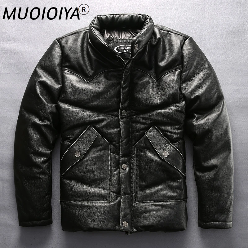 

Factory 2021 New Men Black Duck down Genuine Leather Jacket Casual Thick Cowhide Russia Winter Coats Free Shipping