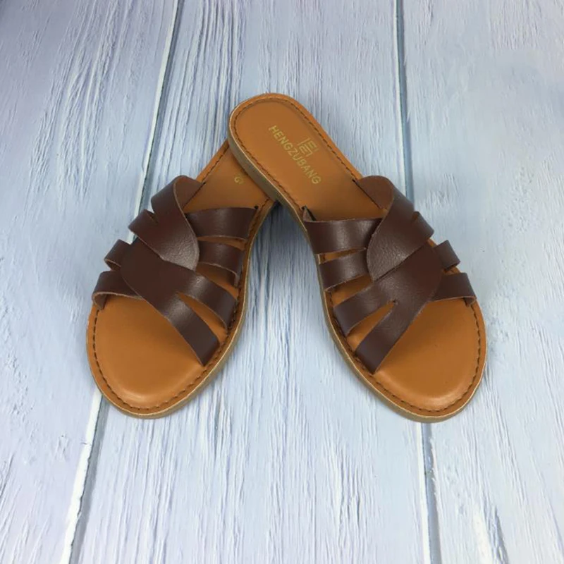 

Women Shoes Soft Leather Surround Flat with Open Toe Casual Slides Non-slip Women's Slippers Beach Solid Color Shoes for Summer