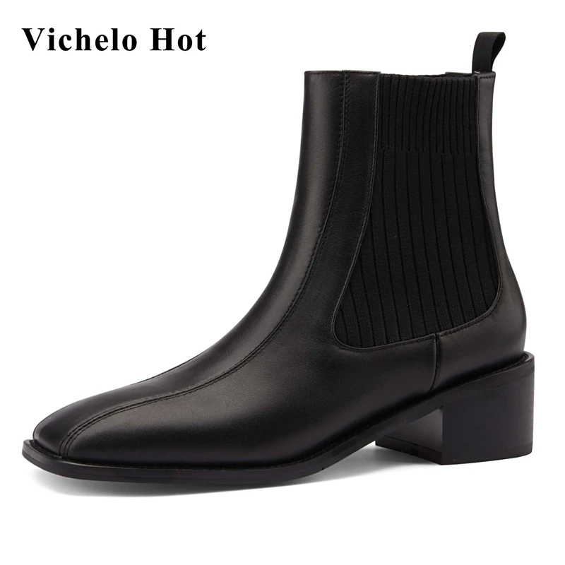 

Vichelo Hot genuine leather square toe med heel Chelsea boots convenient breathable slip on winter large size ankle boots L8f1