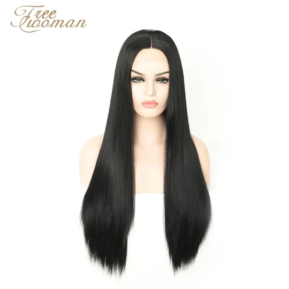 FREEWOMAN черный длинный прямой синтетический кружевной передний парик для женщин