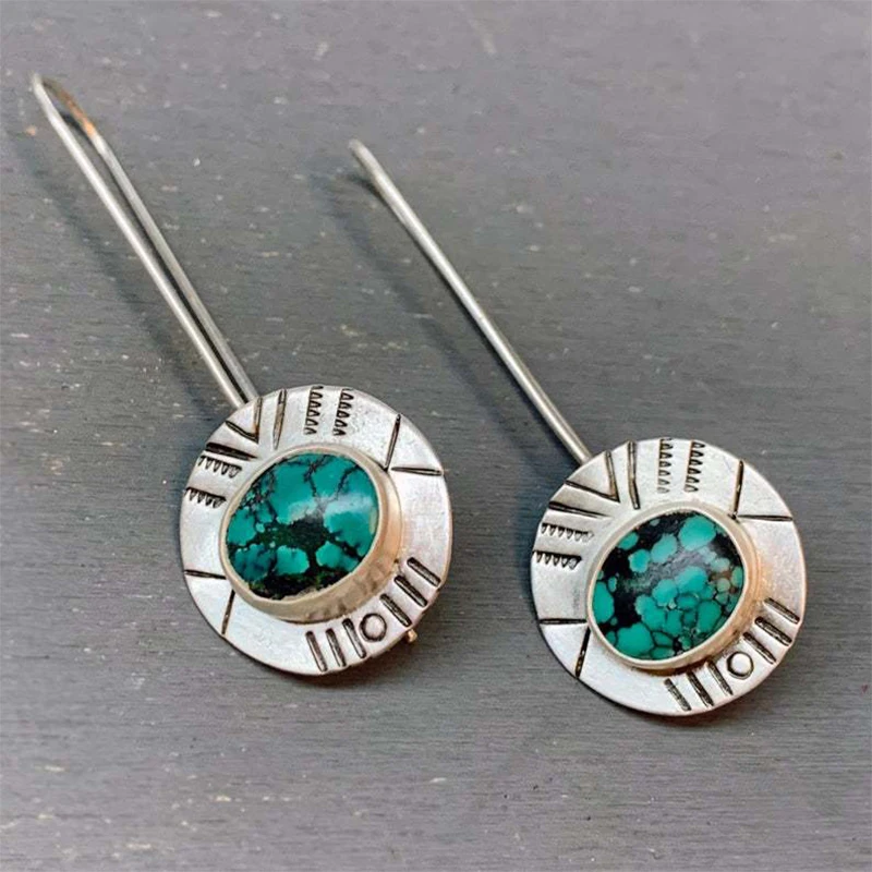 

Vintage S925 Silver Plated Long Drop Earrings Boho Style Turquoises Dangle For Women Wedding Party Jewelry Gift H4D553