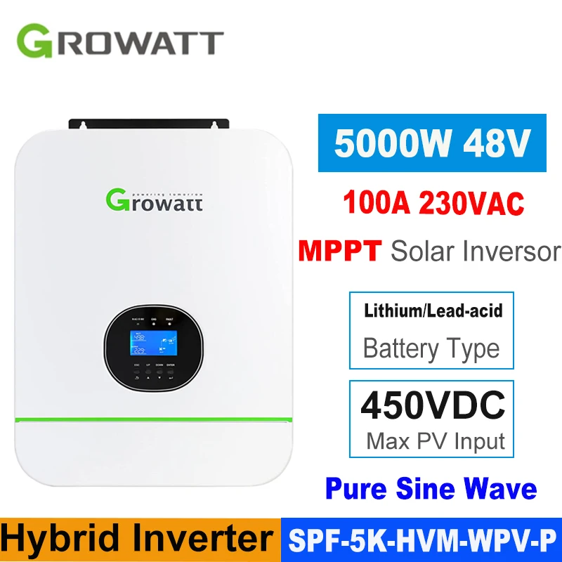 

Growatt 5KW 48V 220V Solar Hybrid Inverter SPF SPF 5000TL HVM-WPV-P Max PV Input Voltage 450V MPPT 100A Solar Charger Can Par