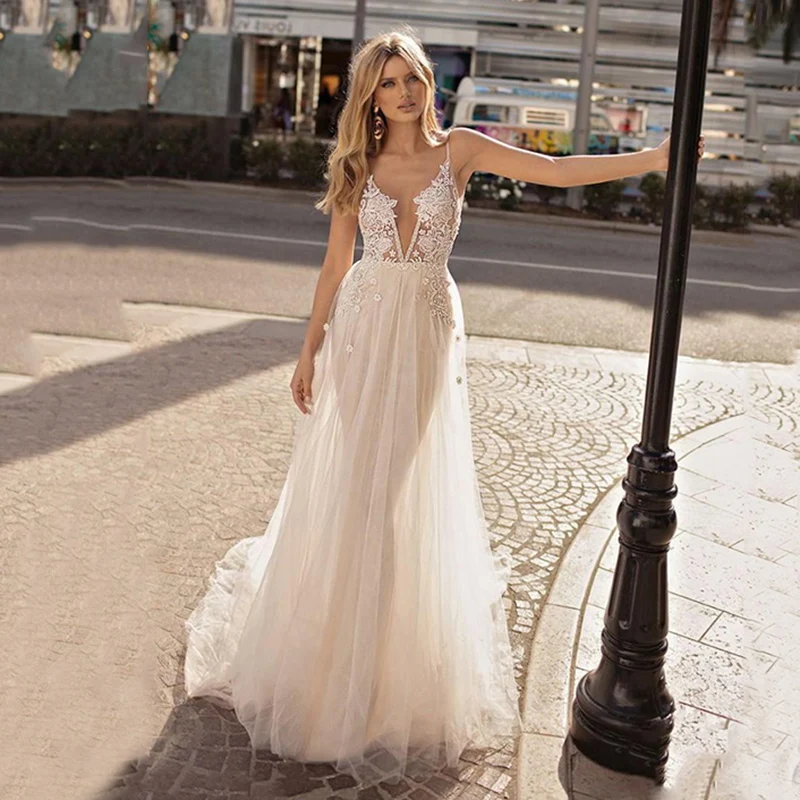 

YILIBER New Simple Wedding Dress Backless Sleeveless Design Chiffon Lace Bride Dresses Princess Dress Plus Size Tailor-made