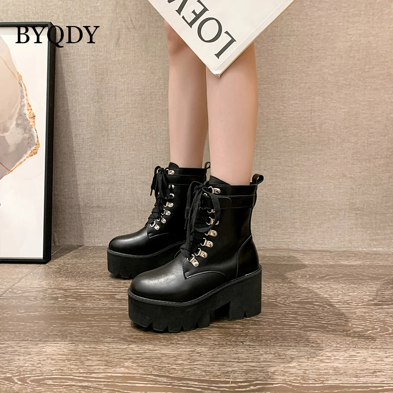 

BYQDY 15CM Chunky High Heels Woman Boots Round Toe Lace Up Shoes Gothic Punk Creepers Ankle Boot Black PU Leather For Girls