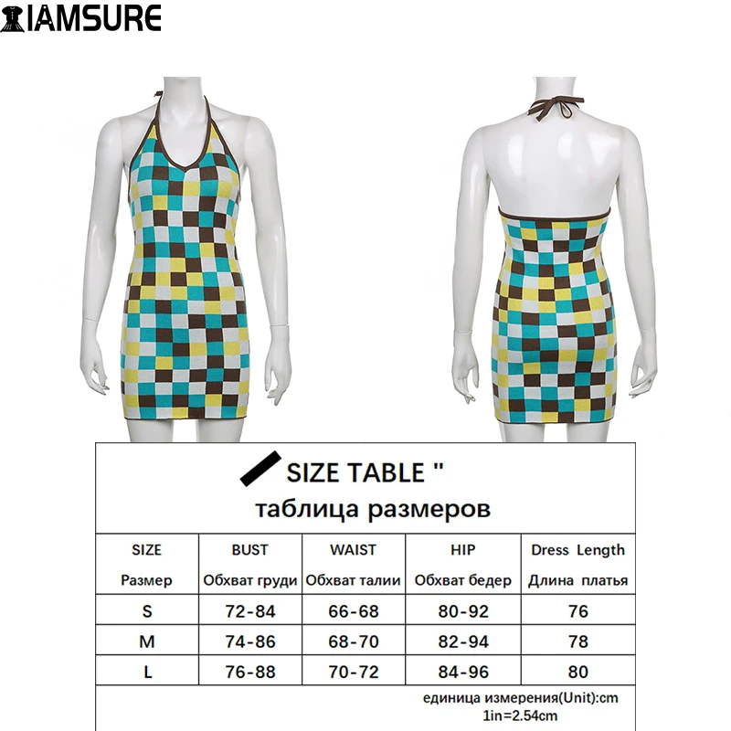 

IAMSURE Plaid Knitted Halter Dress Holiday Sexy Slim Sleeveless Backless Mini Dresses For Women 2021 Beach Style Summer Dress