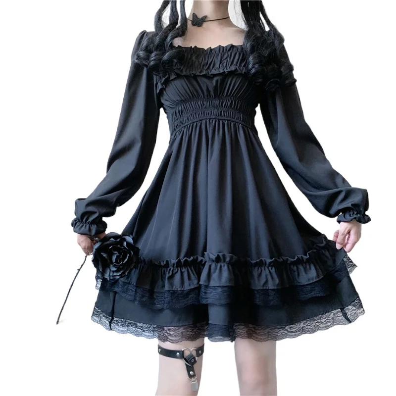 

Женское платье принцессы в японском стиле Лолиты, Черное мини-платье с вырезом лодочкой, готическое платье с высокой талией, кружевные вече...