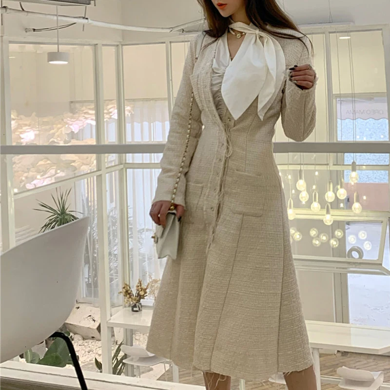 DEAT 2020 осень и зима новая мода сплошной цвет v образным вырезом длинное платье