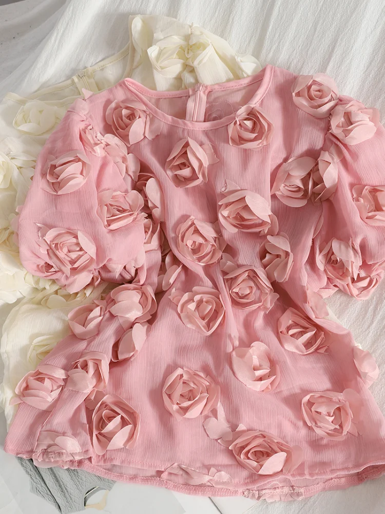 

Summer Fashion 3D Floral Solid Blouse Pullover Ladies O-Neck Tee Tops Female Women Short Sleeve Shirt Blusas Femininas Clothing