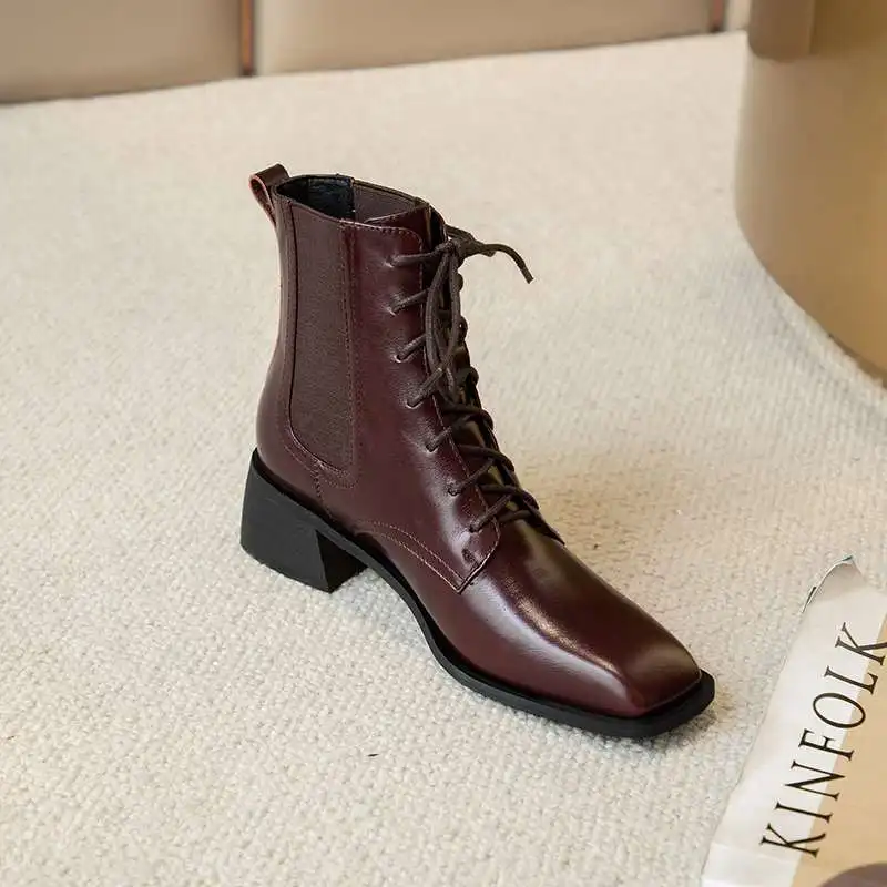 

Vichelo Hot new limited customization genuine leather square toe med heel winter shoes keep warm fashion lace up ankle boots L79