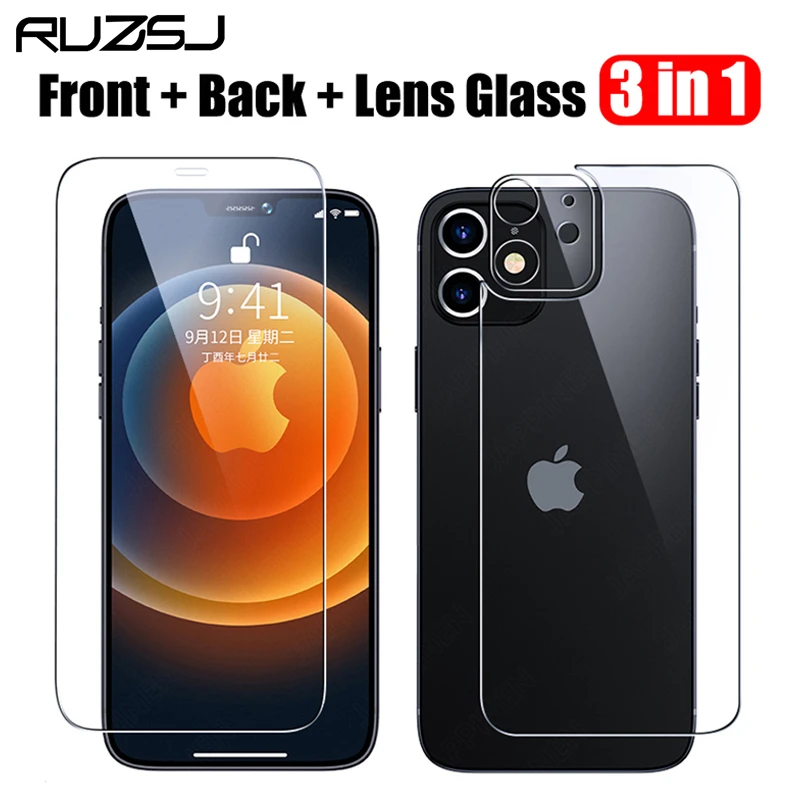 

RUZSJ 3 in 1 Front and Back Tempered Glass On For iPhone 12 Pro Max Screen Protector + Camera Lens Glass For iPhone 12 Pro mini