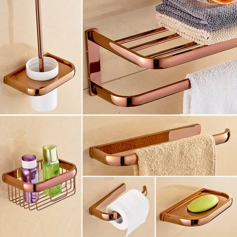 Rose Gold Double Towel Bars Bathroom Towel Ring Wall Mounted Bathroom Accessories Towel Rack Towel Ring Toilet Brush Soap Holder