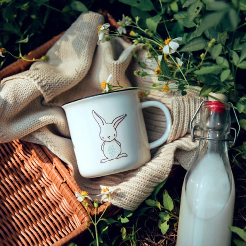 

Chinese Enamel Coton Mug Rabbit Milk Coffee Juice Cup Instant Noodle Bowl Beer Barrel Kitchen Drinkware 350ml Kid's Gift 1PC