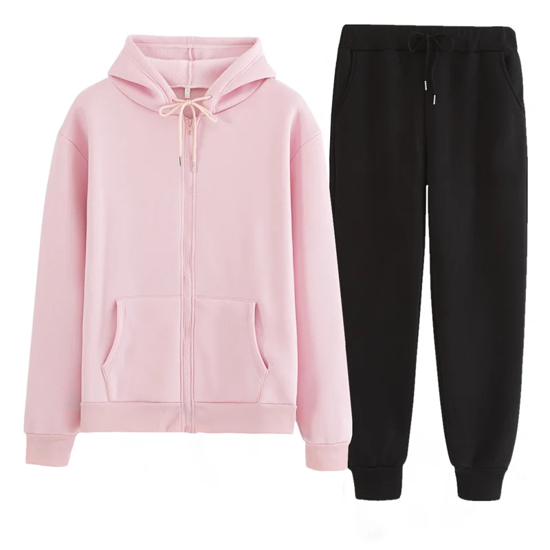 

Women Tracksuit 2 piece Set Autumn Winter Hooded Sweatshirt And Pants Solid Color Zipper Outfits Sportswear Female Suit S-5XL