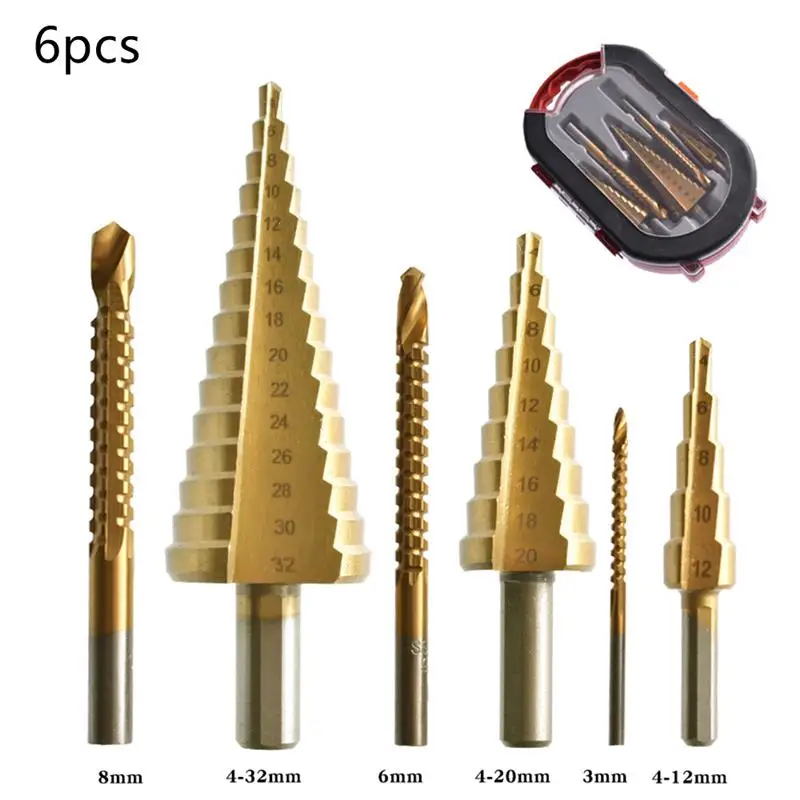 

6 PCS HSS Steel Step Drill Bit 4-12/20/32mm Metal Hole Cutter Wood Cone Core Drilling Hole Saw Tool+3/6/8 Saw Drill