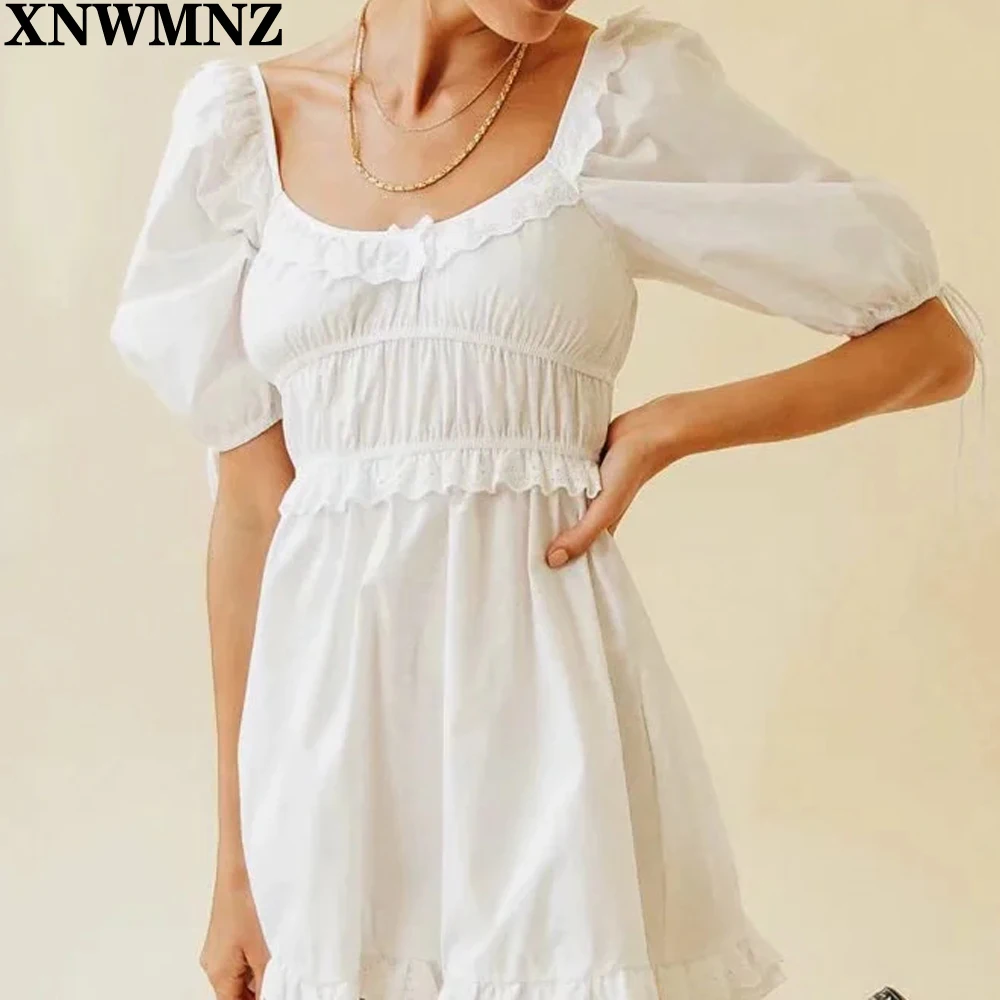 

XNWMNZ 2021 Women's Dress Elegant White Lace Ruffles Vestidos Retro Summer Half Sleeve Dresses Slim Vintage Front Cute Bow Dress