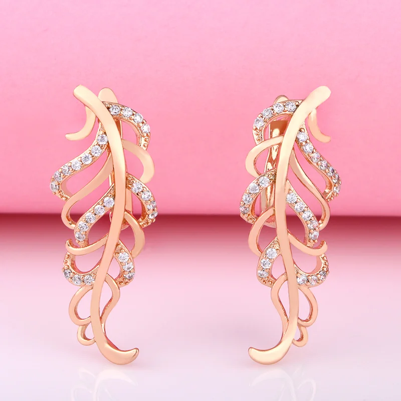 Женские свадебные серьги OCESRIO вечерние в виде золотого листа 585 пробы с камнями ers