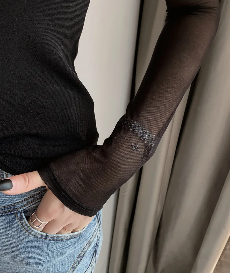 Новинка весны 2020 модная прозрачная футболка женская черная Лоскутная с длинным