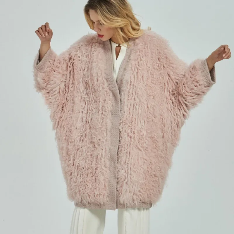 

Luxury Winter Women Real Sheep Fur Long Coat Loose Cocoon Shearling Outwear Natural Lamb Fur Jacket Batwing Sleeve Wool Coats