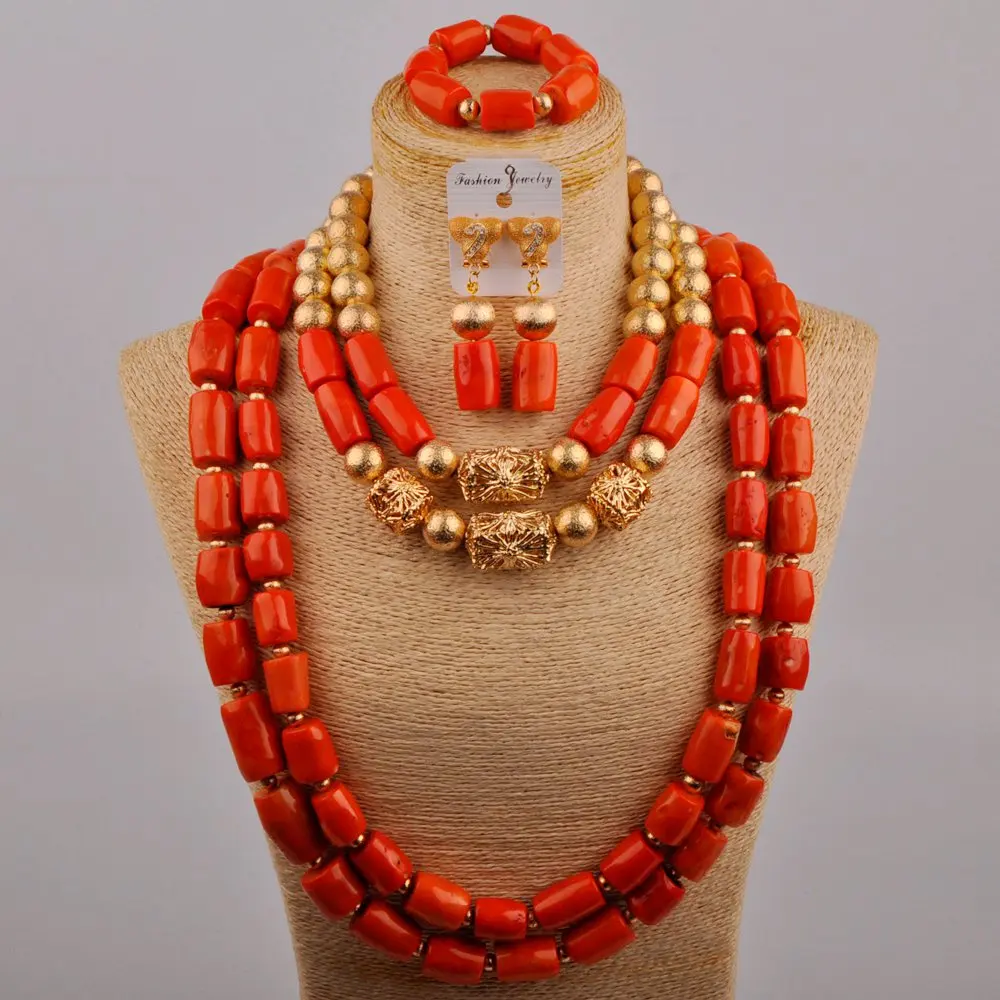 

Orange Amazing African Beads Jewelry Sets Coral Necklace Set Wedding Nigerian Bridal Sets Free Shipping 2021 Gold