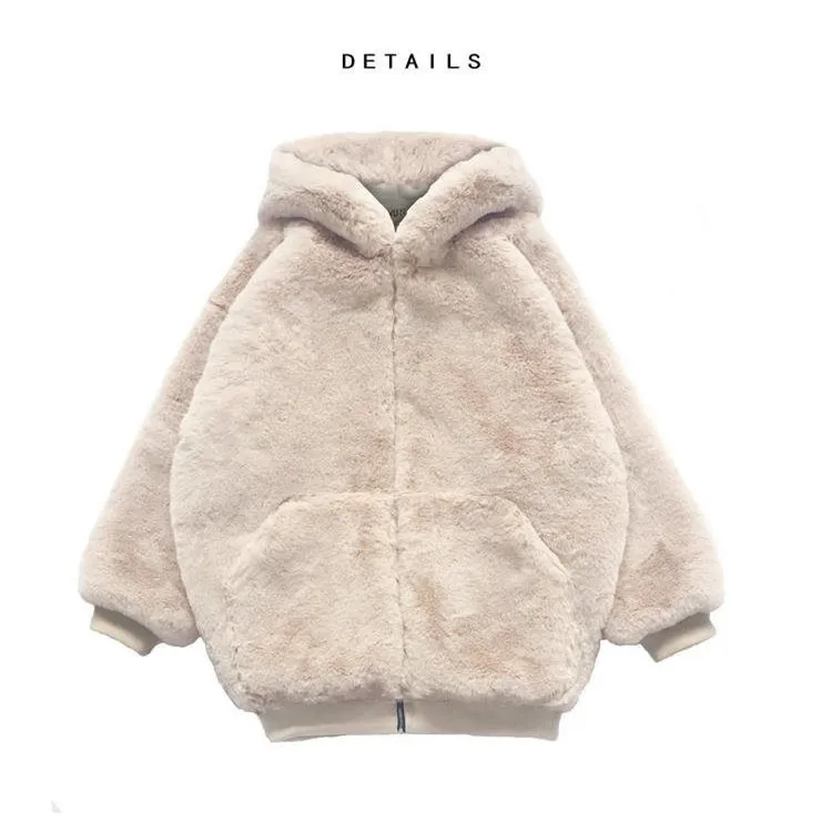Wool Fur Coat Women's Long Winter Cocoon Zipper Imitation Rabbit Fur Hooded Coat Loose