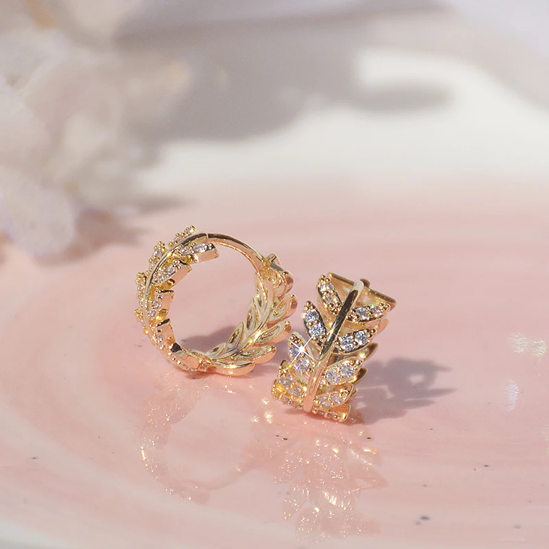 

High Quality 14K Real Gold Leaf Circle Earrings for Women Top Designer Luxury Jewelry AAA Zirconia S925 Silver Needle Stud Party