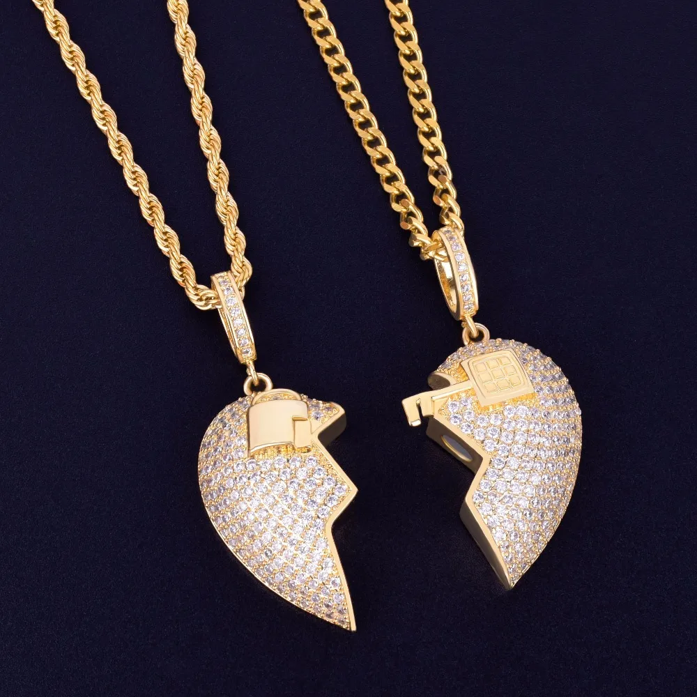 

Love Lock Broken Iced Out Lock Key Broken Heart Pendant Full Bling Cubic Zircon Luxury Hip Hop Necklace Jewelry Men Women Gift