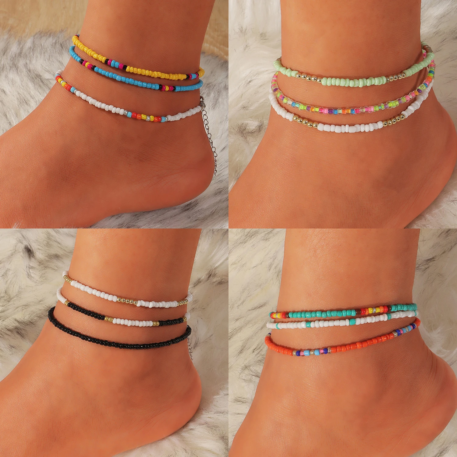 Ensemble de 3 bracelets de cheville bohème perles colorées pour femmes  été océan plage fait à la