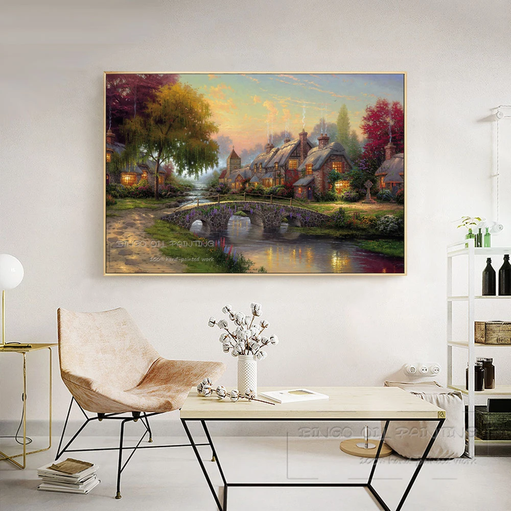 Beste Top Kunstenaar Hand Geschilderd Hoge Kwaliteit Canvas Wall Art Geplaveide Brug Zomer Cottage Olieverfschilderij Prachtige Landschap Schilderen