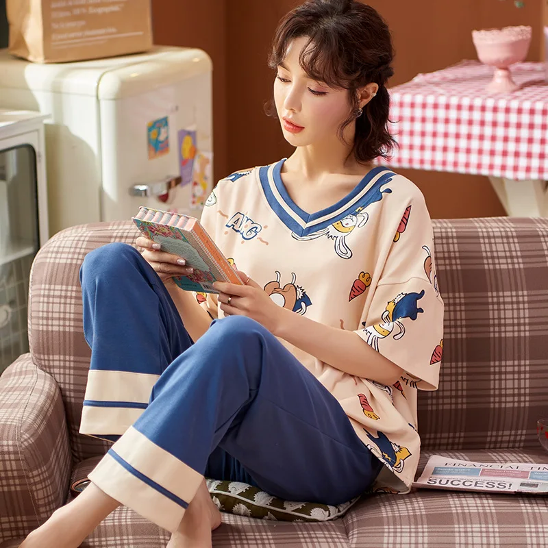 

Sexy Blue V-neck Women Summer Pajamas Short Sleeve Cotton Pajamas Kawaii Cartoon Women Nightwear Casual Soft Outdoor Sleewpear