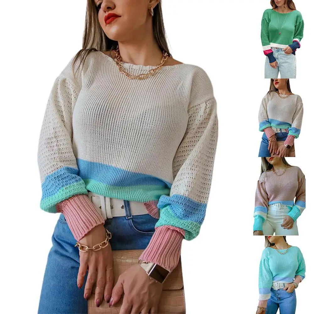 

Long Sleeves Knitted Sweater Color Patchwork Pullover Jumper Autumn Winter Casual Tops